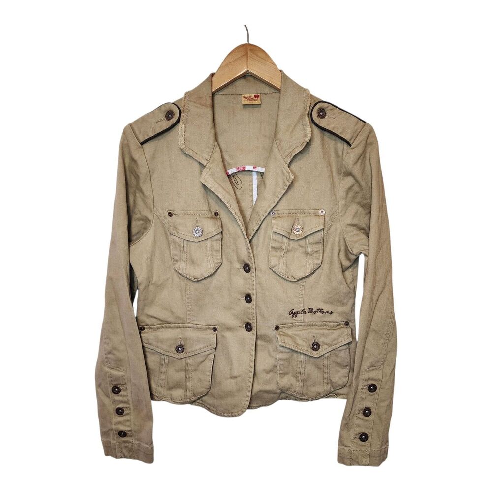 VTG Apple Bottoms Khaki Utility Jacket Y2K Military Field Coat Womens Small